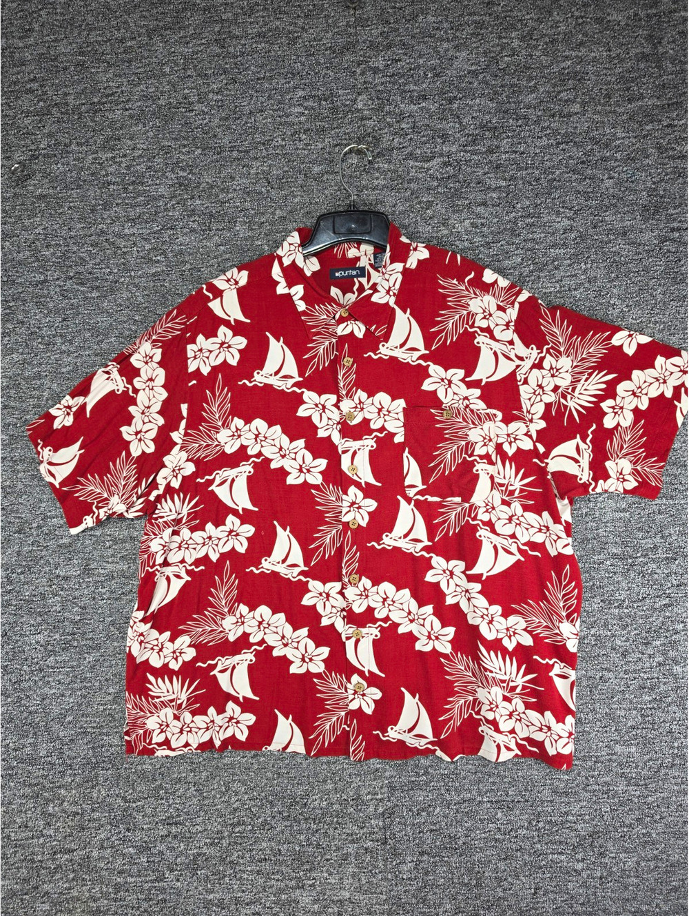 Puritan Men's 2XL Red/White Hawaiian Floral Short Sleeve Rayon Button-Up Pockets